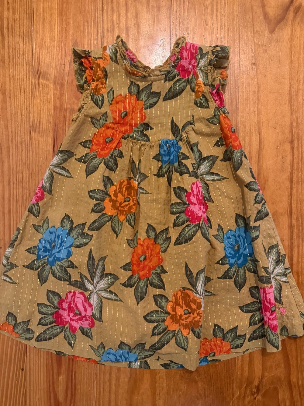 Pink Chicken Mustard Floral Ruffle-Sleeve Dress with Pink, Orange & Blue Flowers